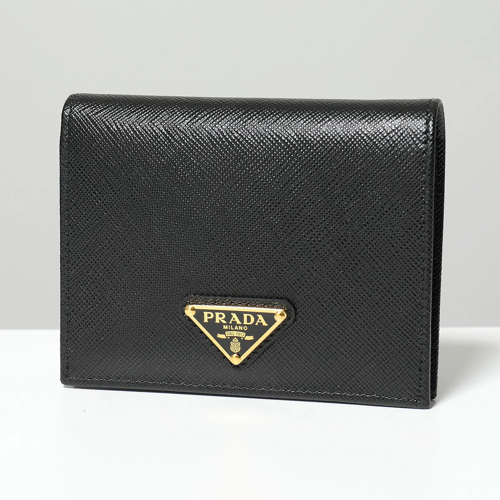 Prada Bi fold Wallet Saffiano Triangle Leather NERO